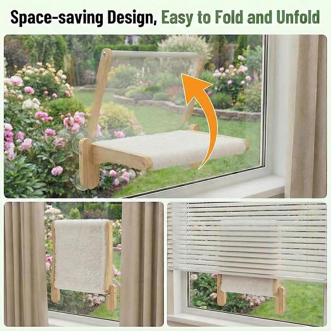 Cat Window Perch with Bird Feeder,Suction Cup Window Cat Bed for Large Cats | Solid Wood Frame, Plush Washable Cover. Suction Cups Support Up To 50 Lbs On Flat Glass. Foldable Design, Tool-Free Setup.