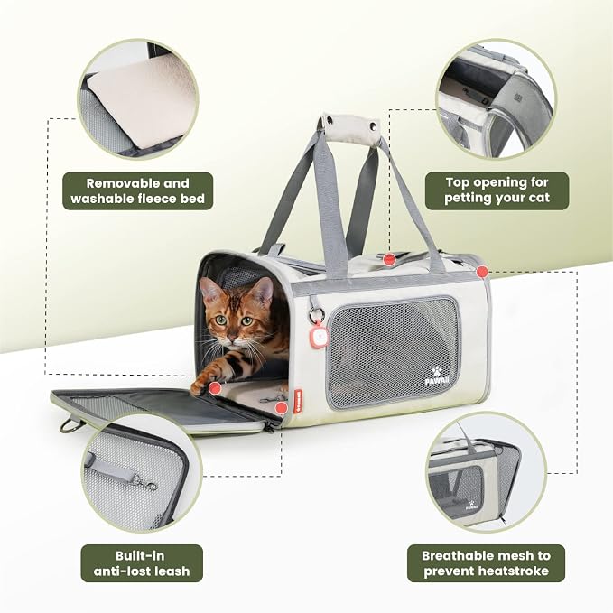 Pawaii Cat Carrier with ID Tag, TSA Airline Approved Soft Sided Collapsible Pet Travel Carrier, Portable Comfortable Convenient Foldable Cat Travel Bag | Up to 13 lbs, 16.9 x 10.6 x 10.6 in, QR pet ID tag, top entry, luggage sleeve, soft fleece pad, fo...