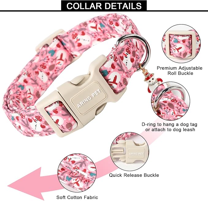 ARING PET Christmas Dog Collar-Cute Winter Pink Snowman Adjustable Xmas Pet Collars Puppy Collar with Quick Release Buckle for Girl&Boy Dogs-XS