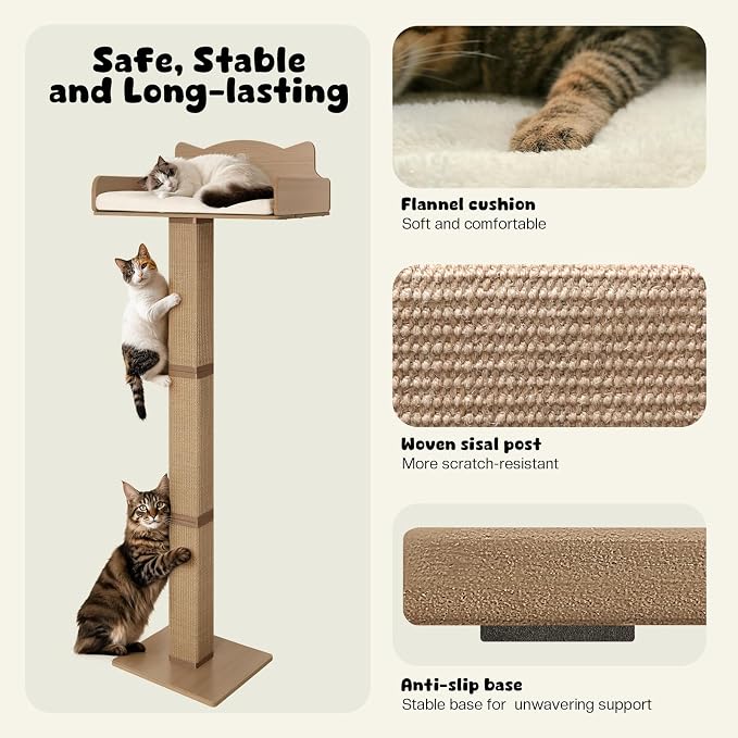 Cat Window Perch with Thick Sisal Scratching Post, Cats Hammock for Window with 3 Upgrade Suction Cups, 55" Adjustable Tall Cat Scratching Post with Large Perch, Cats Window Bed with Fluffy Cushion