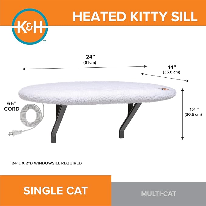 K&H Cat Window Perch, Heated Kitty Sill, Safety Listed, 24x14in, Fleece | Orthopedic Cat Window Hammock Bed Holds 40LBS, Washable Cover, Heated Kitty Windowsill Bed Seat for Indoors, Cream Fleece