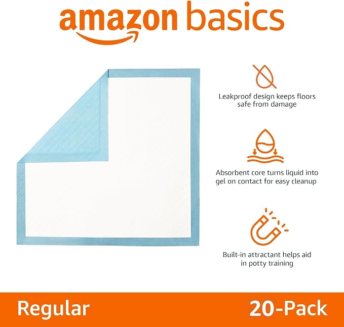 Amazon Basics Heavy Duty Absorbent Dog and Puppy Pee Pads with 5-Layer Leak-Proof Design and Quick-Dry Surface for Potty Training, Regular Size, 24 x 23 Inches, Blue & White, 20-Count