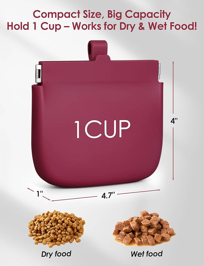 1 Cup Silicone Dog Training Treat Pouch (Red) | Clip on Leash or Belt Loop, One-Hand Access with Pull Tab, Small Pocket Sized, Auto Closing Lid for Pet Training & Walking