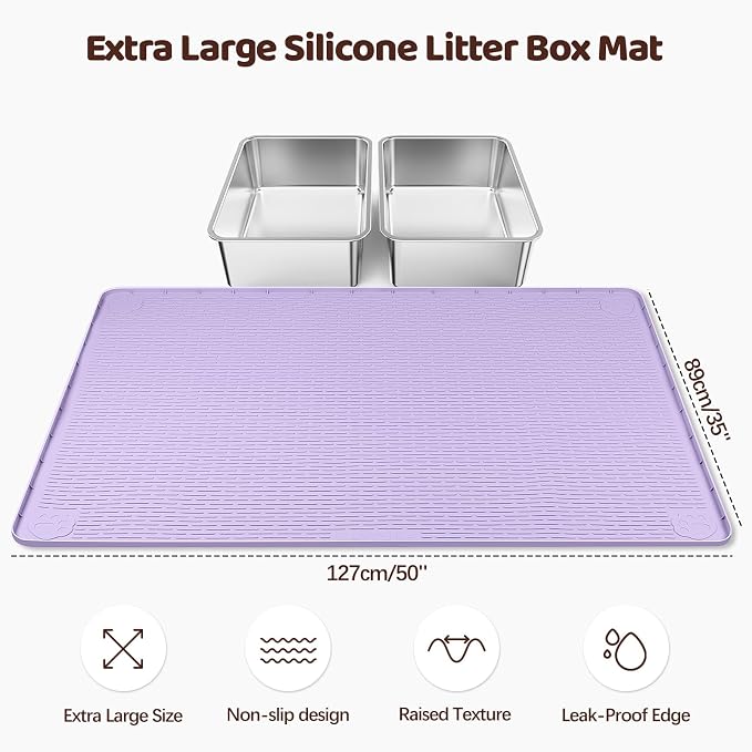 Silicone Cat Litter Mat for Litter Box 50”x35” Large Cat Mat, Purple | Waterproof, Non-Slip, Leak-Proof Rug Mat with Lip, Easy to Clean, Extra Large Litter Catcher Mat for Floor
