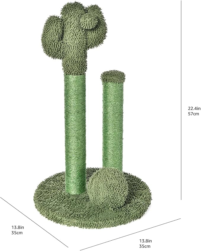Amazon Basics Sisal Cat Scratching Post, Indoor Cactus Triple Posts for Cats & Kittens with Dangling Ball, Small, 22.4"H, Green