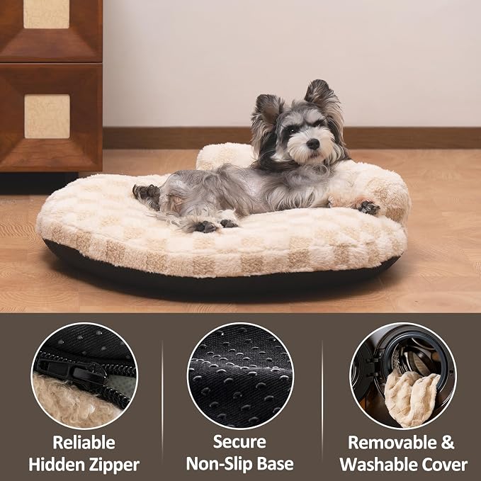 Orthopedic Dog Bed for Small Dogs and Cats Beige Oval 30x25x7 | Calming Pillow Pet Couch Sofa, Removable Washable Cover, Oval 3D Checkered Plush, Indoor
