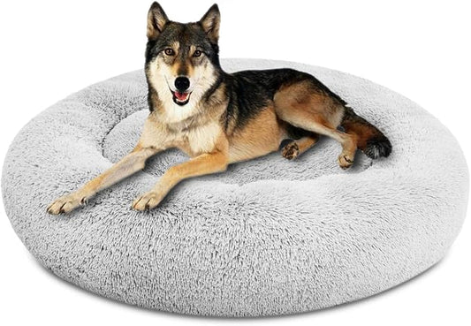 SAVFOX 45 inches Calming Donut Dog Bed - 3X Durable Plush Faux Fur, Machine Washable & Non-Slip, Fits up to 150 lbs, Light Grey
