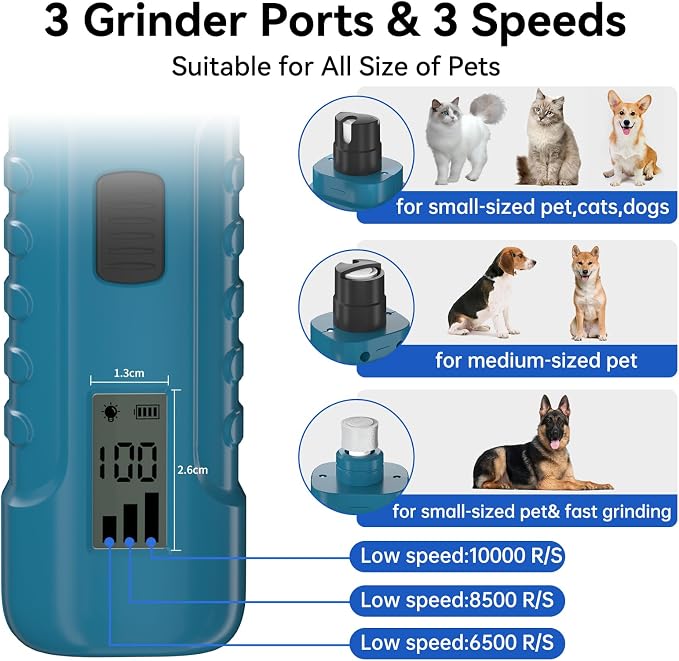 PAPIFFEED Dog Nail Grinder with LCD Display – Quiet Electric Nail Trimmer with Dual LED Light, Safe for Black & Thick Nails, Rechargeable for Small Medium Large Dogs & Cats (Blue)