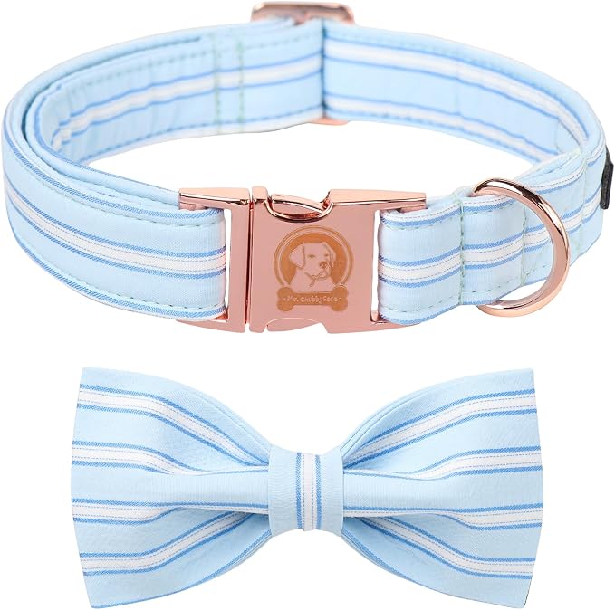 MR. CHUBBYFACE Blue Dog Collar, Cute Dog Collar with Bowtie, Summer Adjustable Girl Boy Collar with Metal Buckle, Durable Collars for Small Medieum Large Dogs