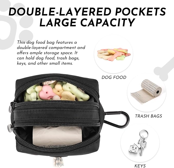 Dog Training Treat Pouch, Treat Bag Fanny Pack with Double-Zip Pocket and Four-Button Closure Waterproof Durable Dog Treat Pouch with 1 Roll of Dog Waste Bags