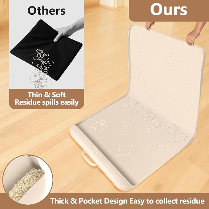 Cat Litter Mat for Litter Box 42" x 28", Large Silicone Mat, Beige | Waterproof Litter Trapping Mat with Residue Collection Pocket, Raised Edge, Non-Slip Pet Placemat for Floors