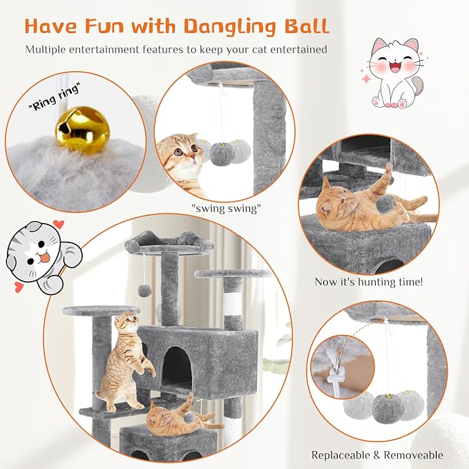 Sweetcrispy 54-inch Cat Tree Tower with Scratching Posts, Indoor Use | Multi-Level Indoor Cat Tree Condo with Climbing Ladder, Plush Toy, Play House for Kitten, Light Grey