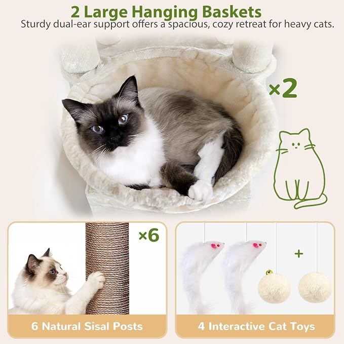 Globlazer 75in Sturdy Cat Tree Tower for Indoor Large Cats, S75, Beige | Multi-Level Heavy Duty Cat Tower with Scratching Post, Oversized Condos & Perches for Big Cats, Large Baskets, Enlarged Base