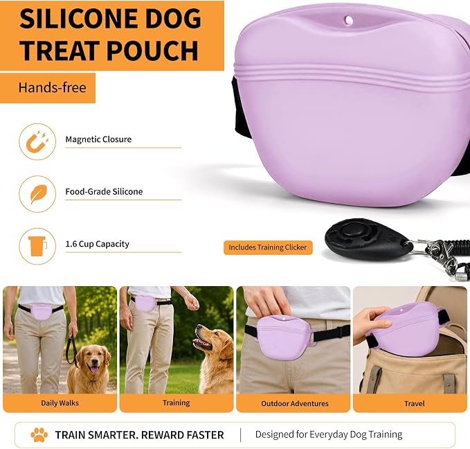 Silicone Dog Treat Pouch with Training Clicker | Upgraded Magnetic Closure, 1.6 Cup Capacity, Food-Grade Silicone, Easy Cleaning, Adjustable Belt for Training and Walking