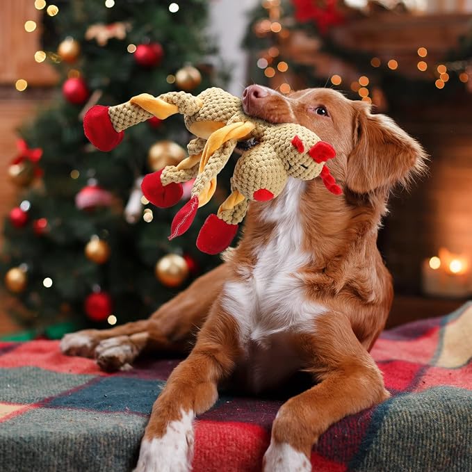 Senneny Christmas Dog Toys, Squeaky Reindeer Plush with Ropes for Tug of War, Durable Interactive Chew Toys for Puppy Small Medium Large Dogs