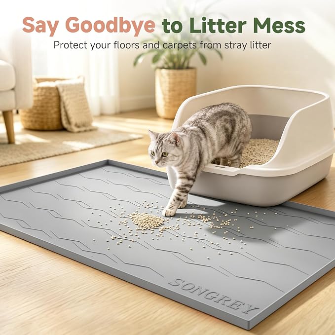 Songrey Silicone Cat Litter Mat 40" x 28", Large Litter Trapping Mat, Gray | Waterproof, Urine-Proof Litter Box Mat for Floor, Soft on Kitty Paws, Easy To Clean, Cat Supplies, Pet Feeding Mat