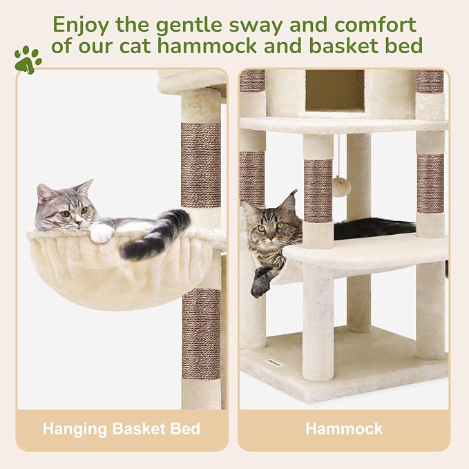 Globlazer Corner Stable Cat Tree Tower with Scratching Post, C51, Beige | 51in Space-Saving Multi-Level Cat Condo for Indoor Cats with Hammock, Large Top Perch for Large Cats, Cozy Cat Cave
