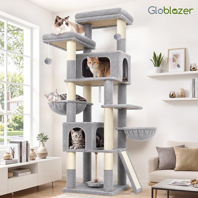 Globlazer 75in Tall Cat Tree Tower for Indoor Cats, F75B, Beige | Large Cat Tree for Indoor Cats Large Adult, Multi-Level Cat Tower with 7 Scratching Posts, 2 Cat Condos, 2 Top Perches