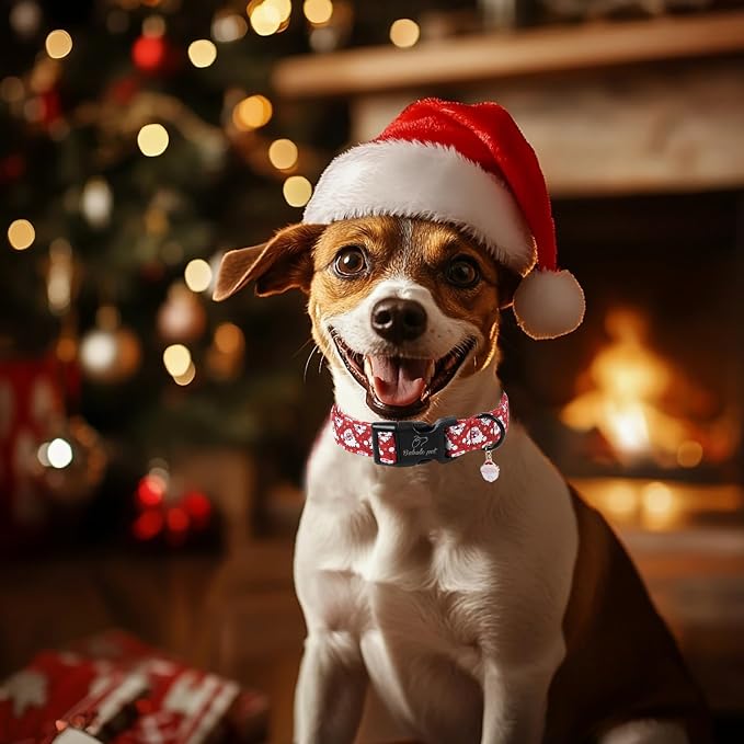 Christmas Dog Collar - Cute Red Santa Christmas Puppy Collar with Safety Buckle, Soft Adjustable Holiday Dog Collars for Small Medium Large Dogs M