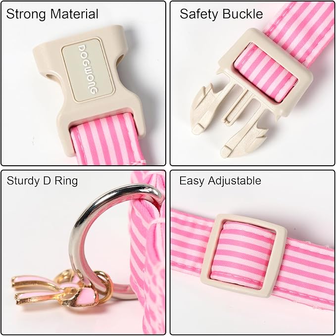 DOGWONG Pink Dog Collar, Pink Striped Dog Collar with Plastic Buckle, Summer Spring Cute Girl Female Dogs Collars for Small Medium Dogs, Neck 14-21 inches