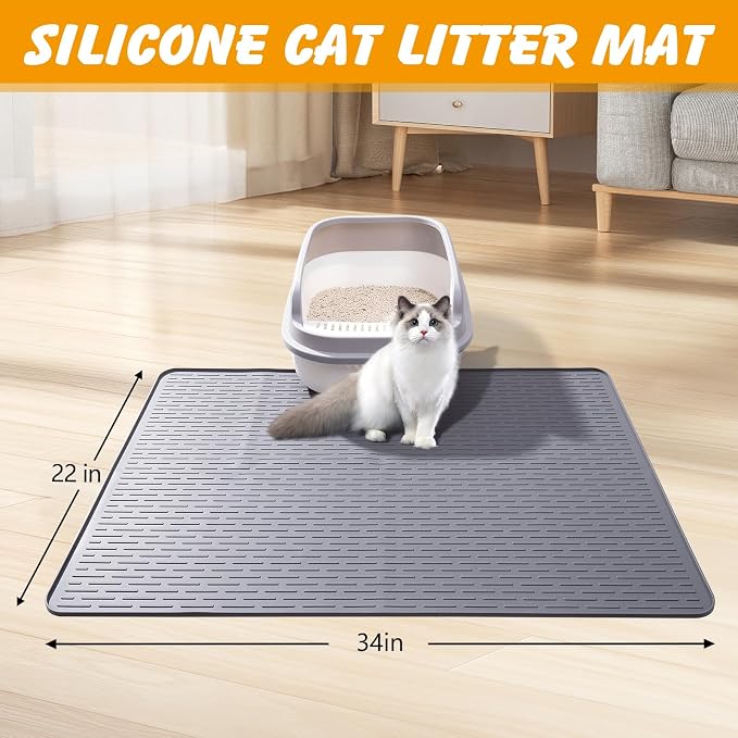 Silicone Cat Litter Mat 34 x 22 in, Waterproof Raised Edge, Gray | Quick-clean silicone, traps litter, stain and odor resistant, non-slip base, for litter box or feeding area
