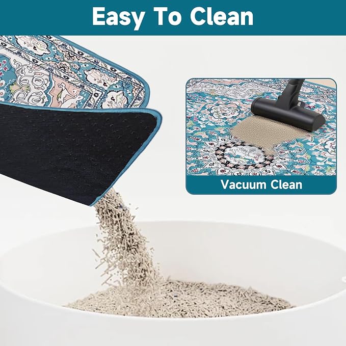 Cat Litter Mat, Reusable Kitty Litter Trapping Mat 2 PCs, 36"x36" Washable Litter Mats for Cats, Waterproof & Non-Slip Compatible with Cat Box (Lake Blue Medallion, 36"x36"(2 PCS))