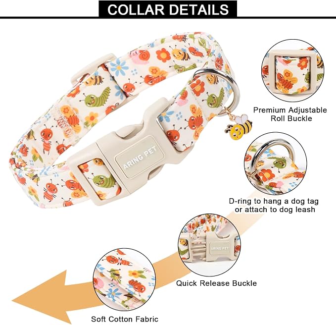 ARING PET Dog Collar, Cute Spring Summer Insects Bee Floral Doggy Collars with Quick Release Buckle for Puppy Small Medium Large Dogs-L
