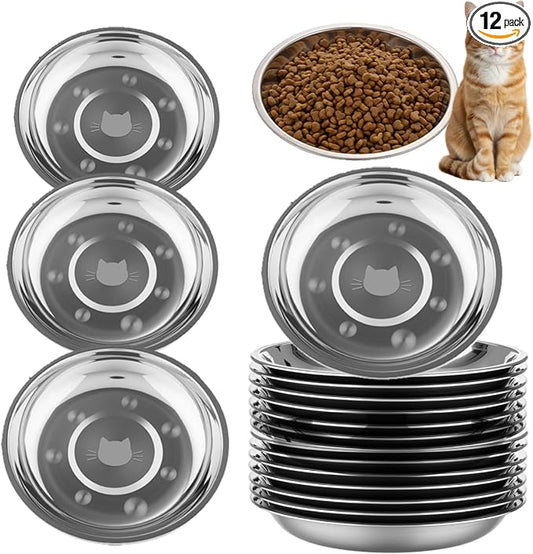 Domensi 12 Pieces Stainless Steel Cat Bowl Metal Pet Food Dish Beard Fatigue Relief Replacement Easy to Clean Indoor Wet Feeding Flat Plates for Dogs Kitten and Other Small Animals(6.3 Inch,Cat)