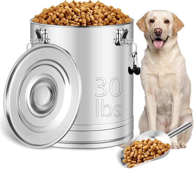 Stainless Steel Dog Food Storage Container,30LB/35LB Airtight Dog Food Storage Container with Lid to Keep Fresh,Easy Clean Large Pet Food Storage Container with Scoop for Cat Food,Chicken Feed,Rice