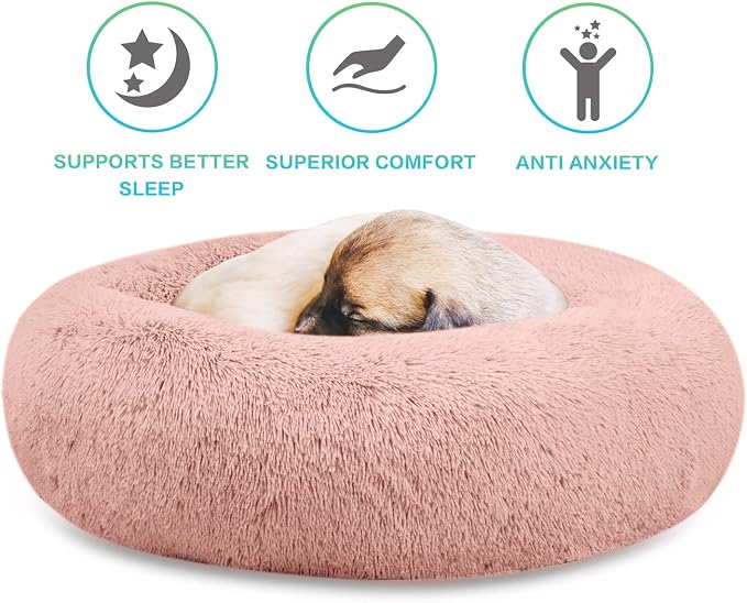SAVFOX 36 inches Calming Donut Dog Bed - 3X Durable Plush Faux Fur, Machine Washable & Non-Slip, Fits up to 100 lbs, Pink