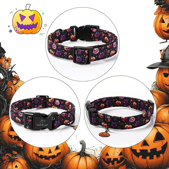 Halloween Dog Collar Spooky Fun Pumpkin Puppy Collar - Light Comfortable Adjustable Pet Collars for Small Medium Large Girl Boy Dogs S