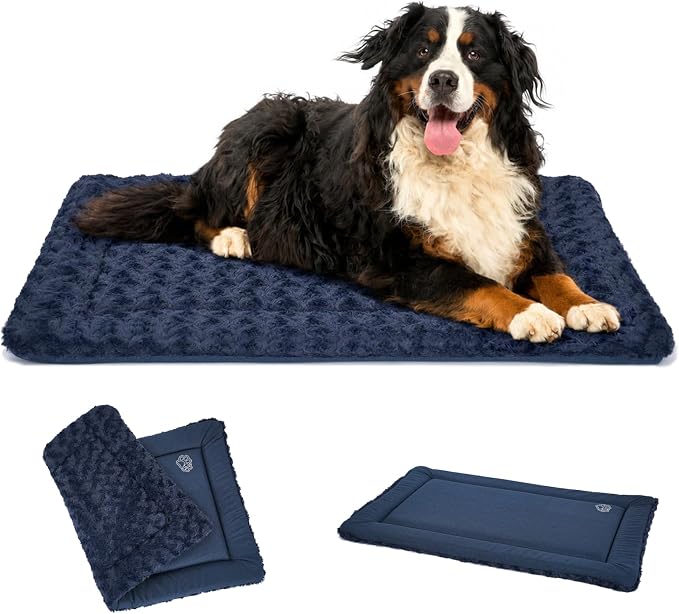 EMPSIGN Dog Crate Pad for 54"x37" Dog Crate, Plush/Canvas Navy | Reversible Kennel Mat (Cool & Warm), Machine Washable, Cozy Plush Sleeping Pad, All-Season Pet Bed