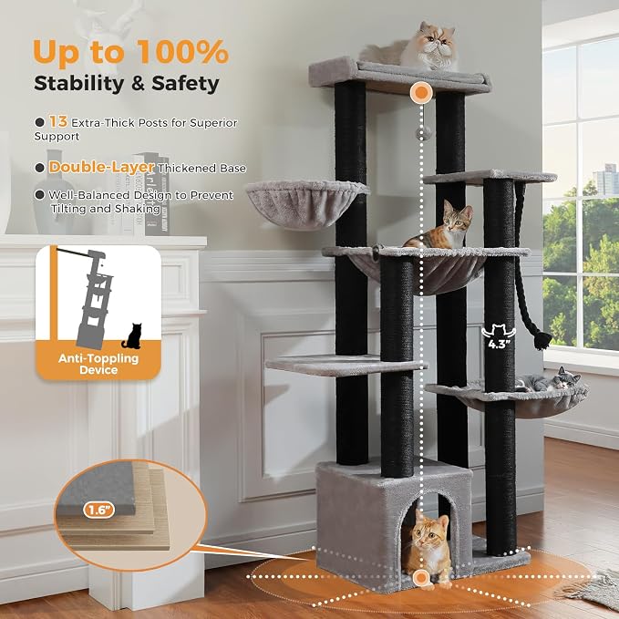 Maine Coon Cat Tree-67 Large Cat Tower for Indoor Cats Large Adult with 7 Thick Black Scratching Posts (φ4.3), Multi-Level Condo, Big Perch & Hammocks -Black | 7 thick 4.3in posts, Multi-level condo, XL top perch, Cozy hammocks, Sized for Maine Coon, H...