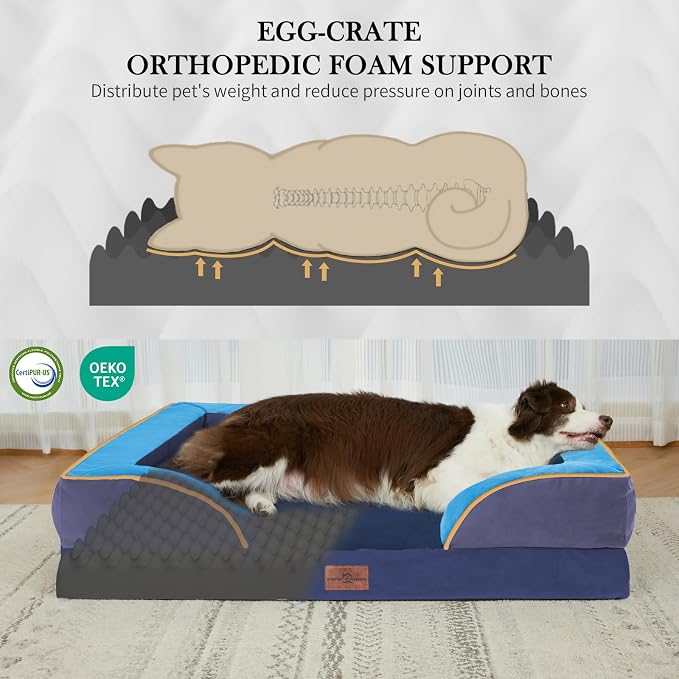 Comfort Expression Orthopedic Dog Bed for Extra Large Dogs with Bolster | Waterproof Dog Couch Bed with Washable Cover & Non-Slip Bottom, Supportive Egg Crate Foam XL Pet Bed, 42x30 Inch