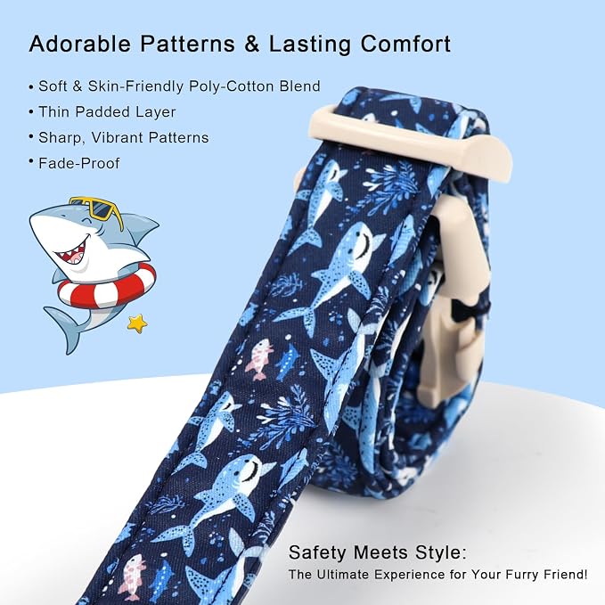 Blue Shark Dog Collar, Cute Boy Dog Collars for Small Dogs - Summer Ocean Pattern Female Male Dogs Collar, Durable Adjustable Pet Cartoon Collars with Quick Release Buckle S