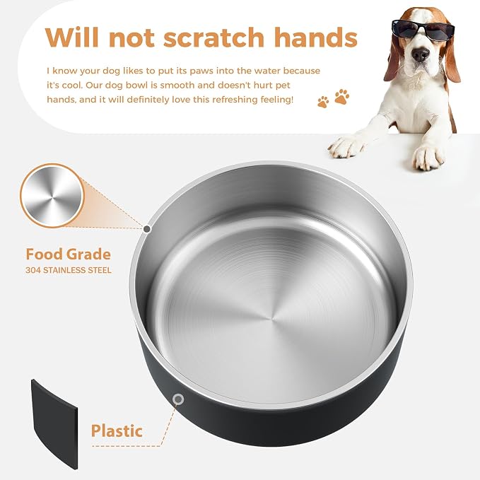 WENBOKMIN Dog Bowl, Stainless Steel Dog Food and Water Bowl with Non Slip Quiet Bottom, Easy to Clean, Dishwasher Safe, 64oz, Black