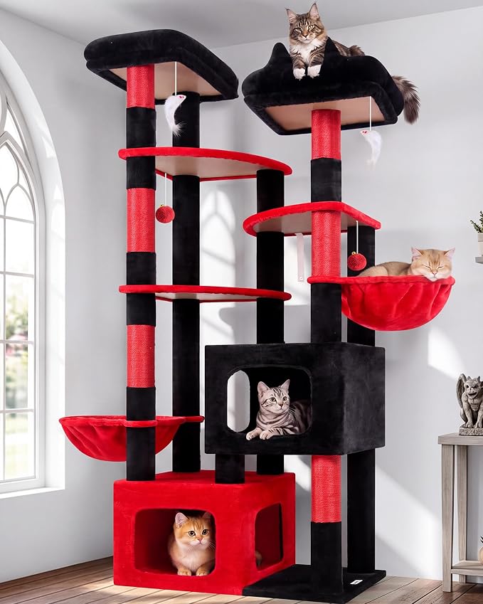 Globlazer S74E Pro Gothic Heavy Duty Maine Coon Cat Tree for Large Cats | 74in Sturdy Multi-Level Tall Cat Tree Tower for Indoor Adult Cats with Scratching Posts, 2 Cat Condos, 2 Top Perches