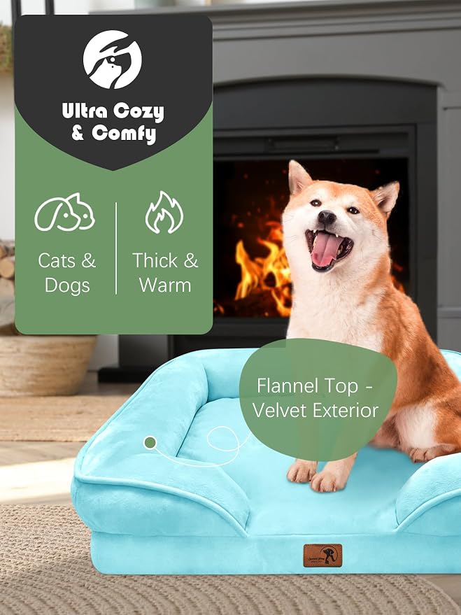 Spotted Play Orthopedic Dog Bed with Sides - Sofa Beds for Medium Dogs, Supportive Foam Pet Couch Bed with Washable Removable Cover, Waterproof Lining and Non-Slip Bottom, Ice Blue - M
