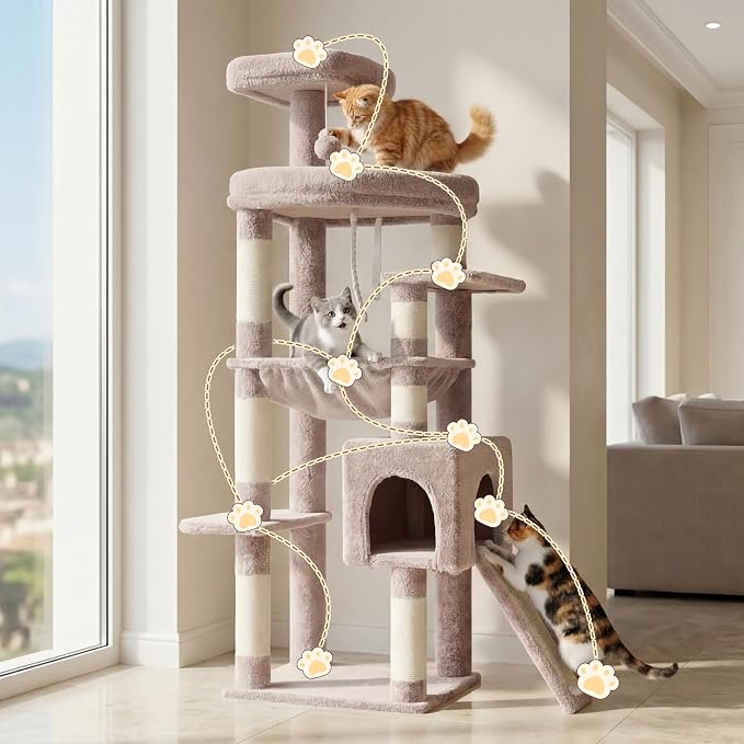 Heybly 64.2" Heavy-Duty Cat Tree for Large Cats with Wide Base HCT027MU | Indoor Cat Tower with Scratching Posts & Board, Cat Furniture with Big Platforms, Extra-Large Hammock, Rosy Brown