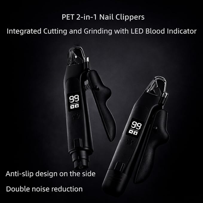 2-in-1 Dog Cat Nail Clippers with Light Bloodline Indicator & Electric Grinder – Type-C Rechargeable Dog Cat Nail Trimmer – Low Noise Grooming Tool with Battery Display (Matte Black)