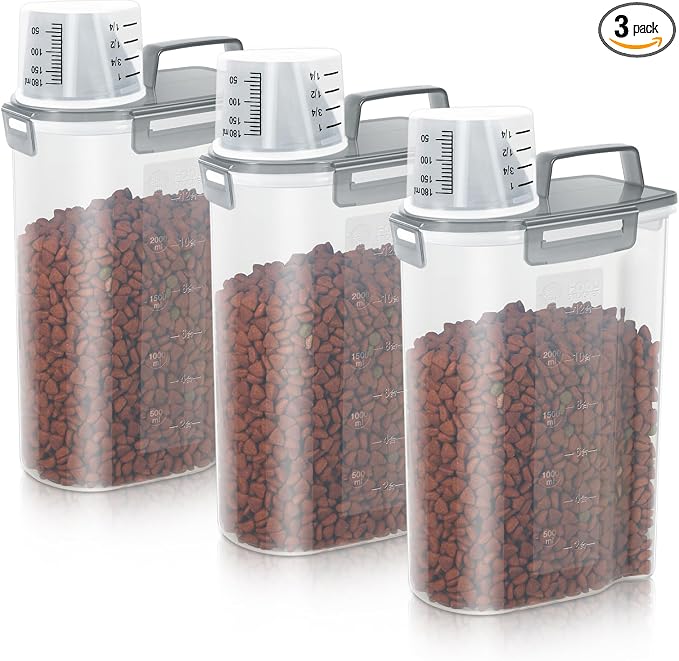 LEAWALK 3-5Lbs Airtight Small Cat Dog Pet Food Storage Containers BPA Free, with Large Pour Spout/1 Measuring Cup/ 4 Safety Locks and Double-layer Silicone Strip (Clear Grey 3Pack)