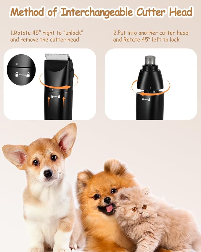 4-in-1 Dog Grooming Kit Low Noise Snag Free Cutting for Cats Dogs | Rechargeable Cordless, Rinsable Blade ,4-in-1 Electric Clipper & Foot Trimmer with Nail Grinder and Curved Blade Head