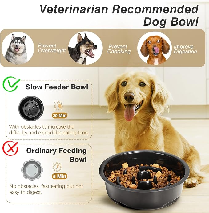Lewondr Elevated Slow Feeder Dog Bowls with 3 Heights Adjustable Stand | Stainless Steel & Slow Feeder Bowls, Adjustable Dog Slow Feeder Bowl Non-Slip Dog Bowl Stand for Medium Large Breed