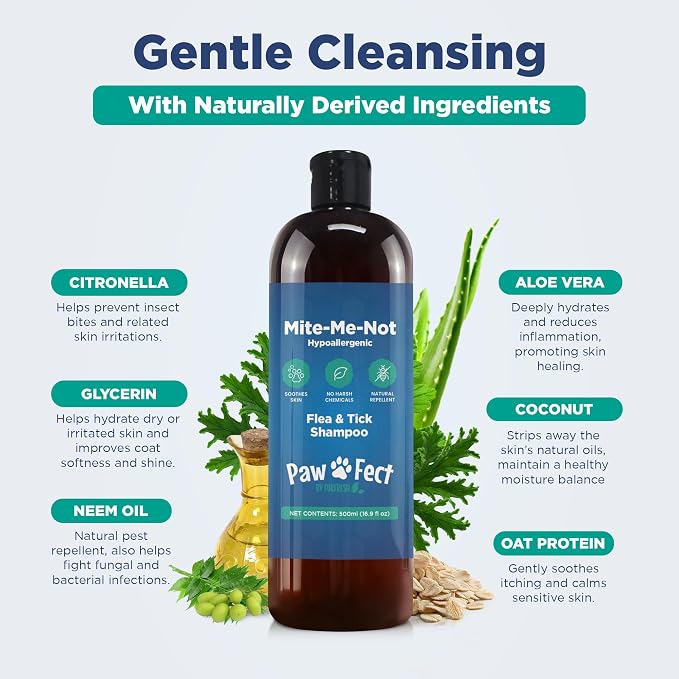 Pawfect, Mite-Me-Not Botanical Dog Shampoo, Citronella & Aloe Pet Shampoo | Made in Canada, Hypoallergenic Flea and Tick Relief Grooming Shampoo for Dogs, Cats & Small Pets Sensitive Skin, 16.9 Oz