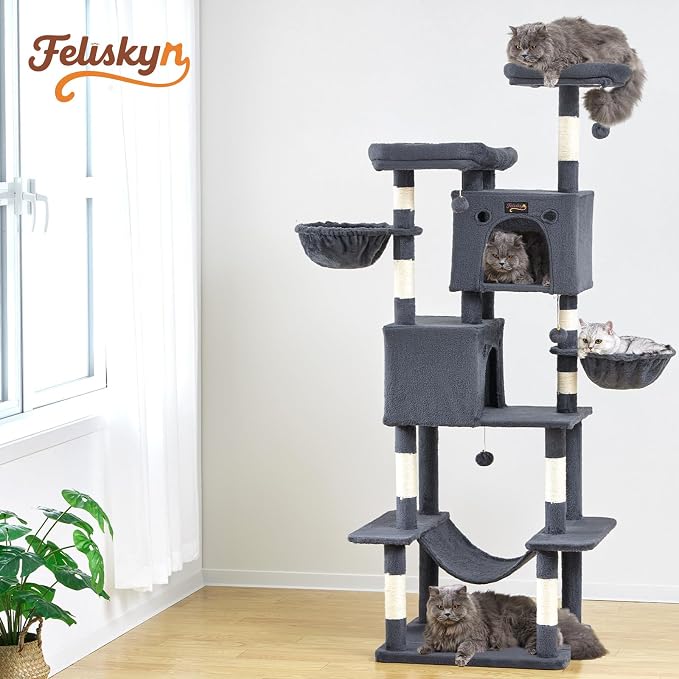 74in Cat Tree Tower for Indoor Cats, Multi-Level Design Dark Gray | 2 Roomy Condos, 2 Cozy Baskets, 2 Padded Perches, 9 Sisal Scratching Posts, Hammock, Hanging Toys, Wide Base, Easy Assembly