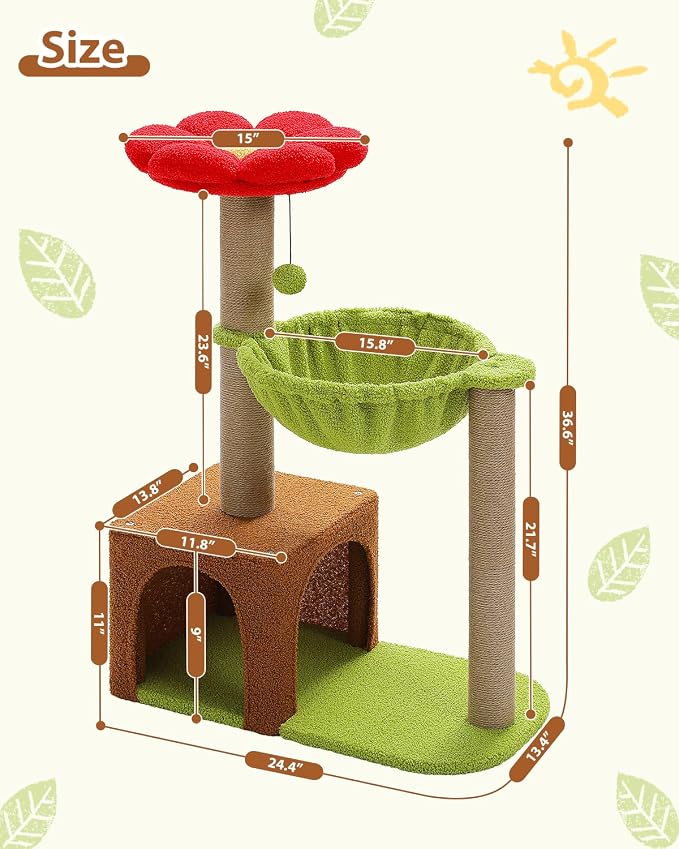 35" Flower Cat Tree for Kittens with Hammock & Sisal Posts, Brown | Flower-shaped top perch, Metal frame hammock, Sisal scratching posts, Cozy pink condo, Sturdy stable base, For small cats