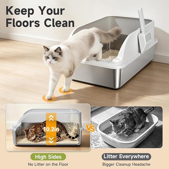 Stainless Steel Cat Litter Box with Lid, XL Extra Large High Sided Litter Box for Big Cats, Odor Free Open Top Litter Pan Easy Cleaning Anti-Urine Leakage Non-Stick, Includes Scoop, Light Grey