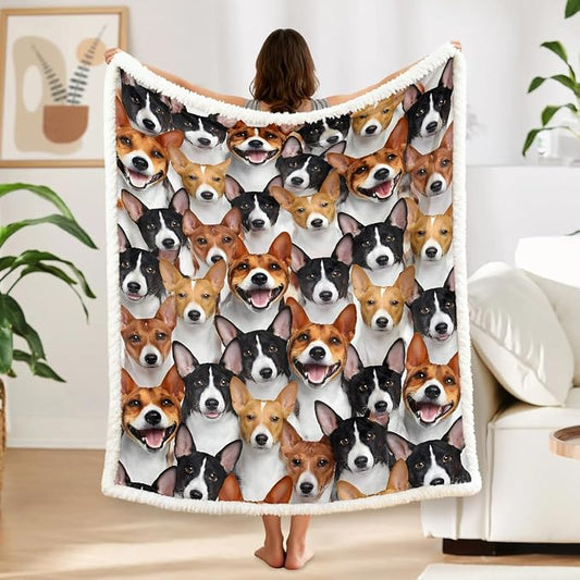 BlessLiving Fuzzy Dogs Blanket for Kids Adults Cute Puppy Fleece Blanket Reversible Animal Pattern Sherpa Throw (Basenji,Throw, 50 x 60 Inches)