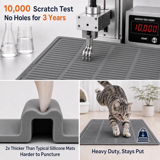 Heavy-Duty Cat Litter Mat: 10,000 Scratch Motions Tested | Large Extra-Thick Silicone Mat - No Holes for 3 Years