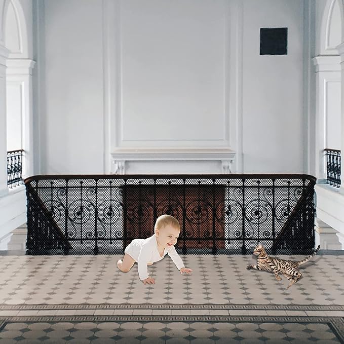 Baby Gate for Stairs, Banister Guard for Kids, Pets, Toys, 39ft L x 2.6 ft H, Mesh Netting Safety Net for Balcony Rail Stair, Stairway Net Baby Safety Products for Indoor & Outdoor (Black)